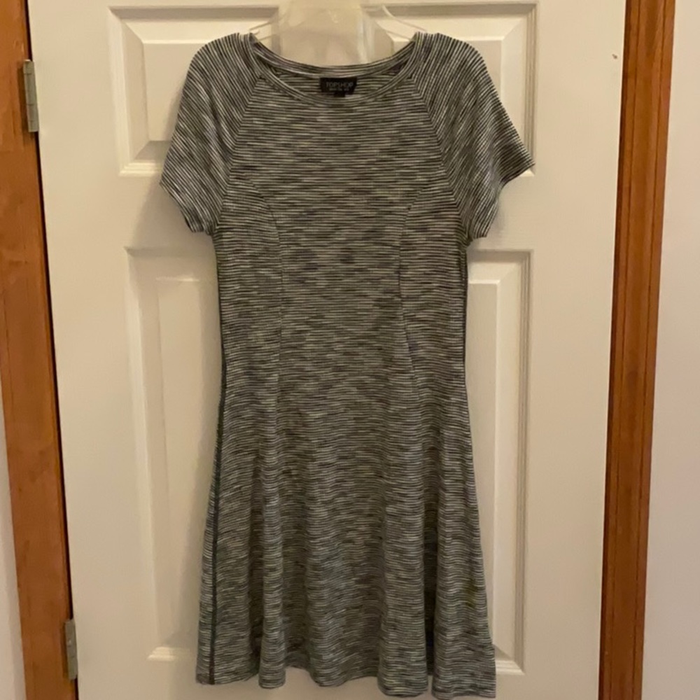 TOPSHOP Space Dye Forest Green White Short Sleeve Skater Swing Dress - Size 8